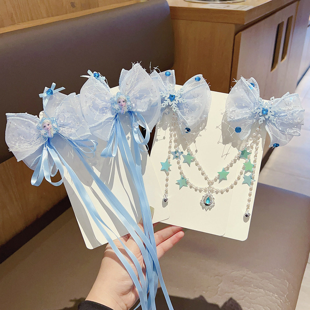 儿童蝴蝶结发夹女孩艾莎公主对夹女童演出头饰发卡眉心坠额连发饰