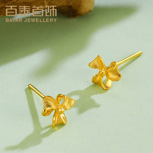 百泰黄金耳钉耳饰女足金999小花风车耳坠简约时尚新款潮金耳环