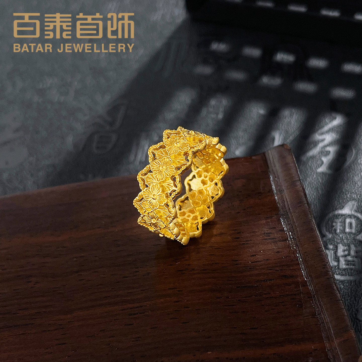 百泰首饰黄金戒指999足金镂空幸运四叶草女戒结婚订婚金指环女款
