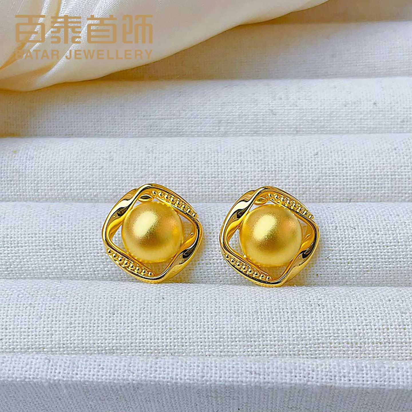 百泰金珠黄金耳钉金豆耳饰灯泡耳环足金方形辘珠边半圆球耳针礼物