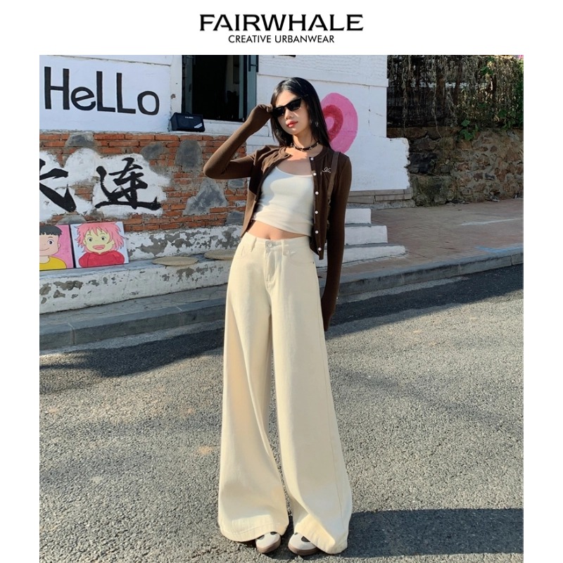 马克华菲白色高腰阔腿牛仔裤女2025春季新款宽松显瘦直筒拖地裤子