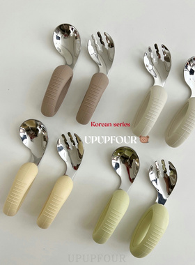 upupfour出口宝宝吃饭训练勺儿童餐具辅食316不锈钢硅胶叉勺套装