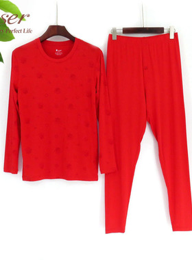 caser凯撒男士内衣圆领秋衣秋裤套装AK02-2005红色鸿运本命年结婚