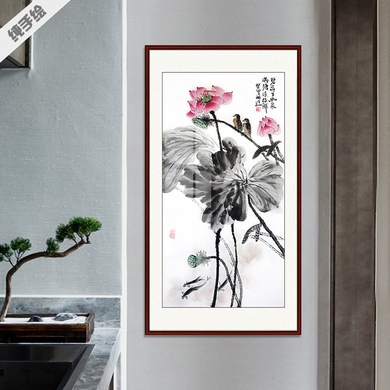 纯手绘国画写意花鸟名家真迹字画玄关过道装饰画竖幅中堂莲花荷花