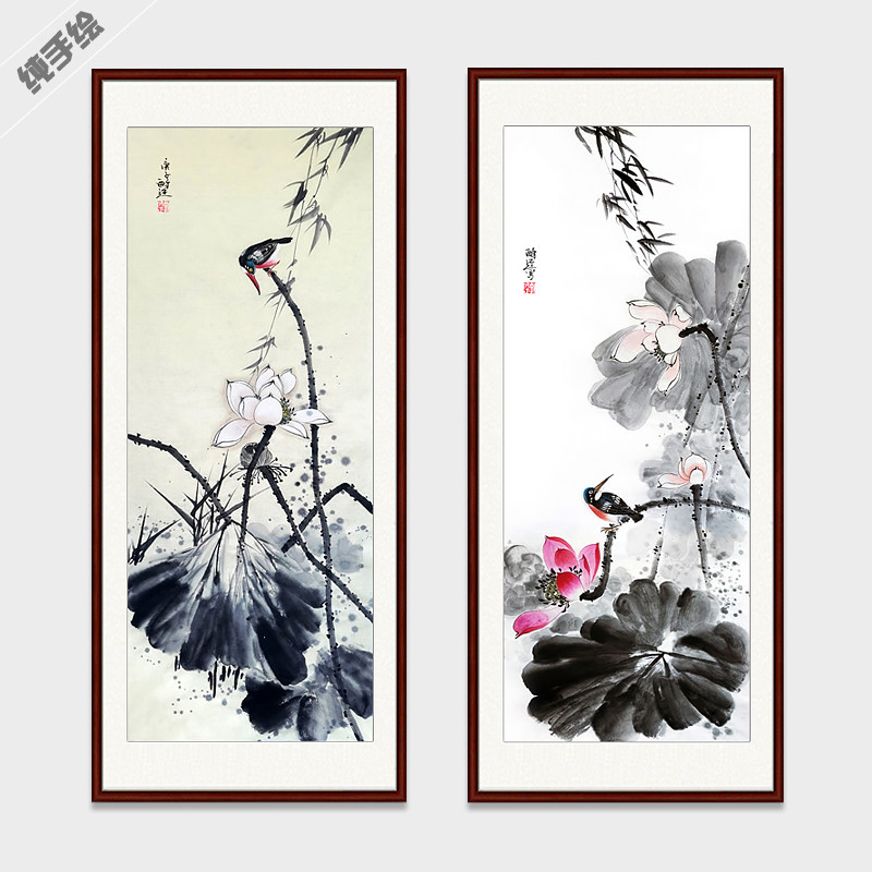 纯手绘手工国画定制字画办公室客厅书房竖幅壁画挂画荷花翠鸟精品