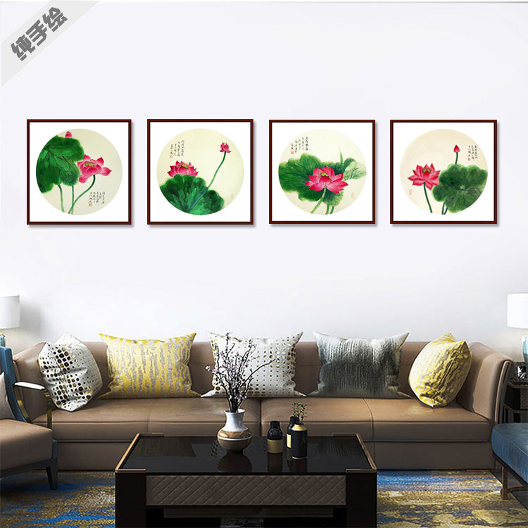 三联纯手绘国画莲花鸟真迹字画客厅装饰挂画年画组画写意水墨荷花