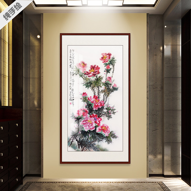 手绘中国画中堂纯手绘玄关过道走廊卷轴茶社酒店书房花开富贵牡丹