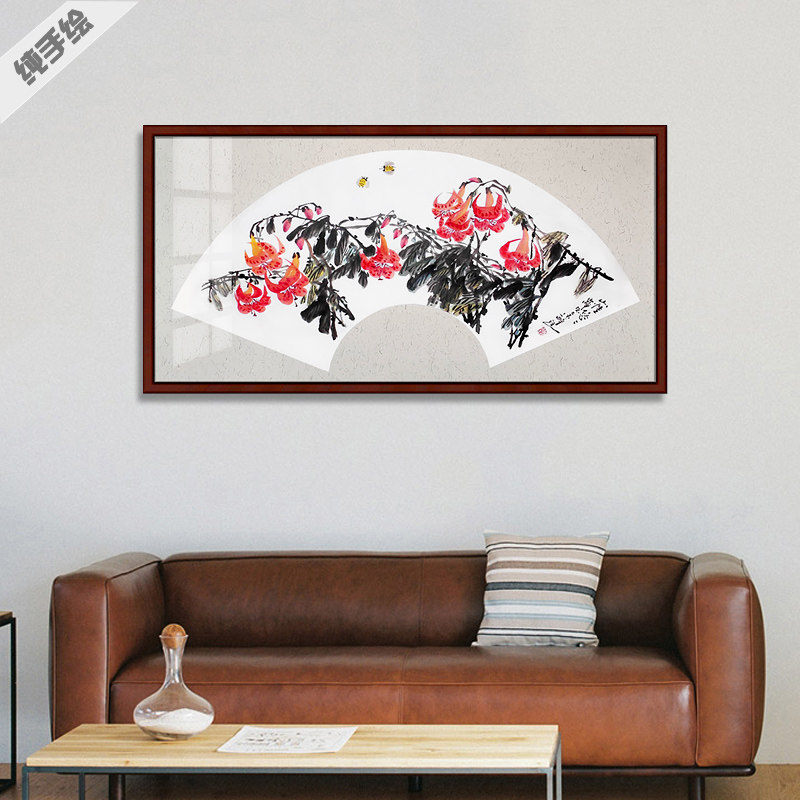 手绘新中式花鸟国画客厅装饰画简约壁画扇面画紫葳凌霄花壮志凌云