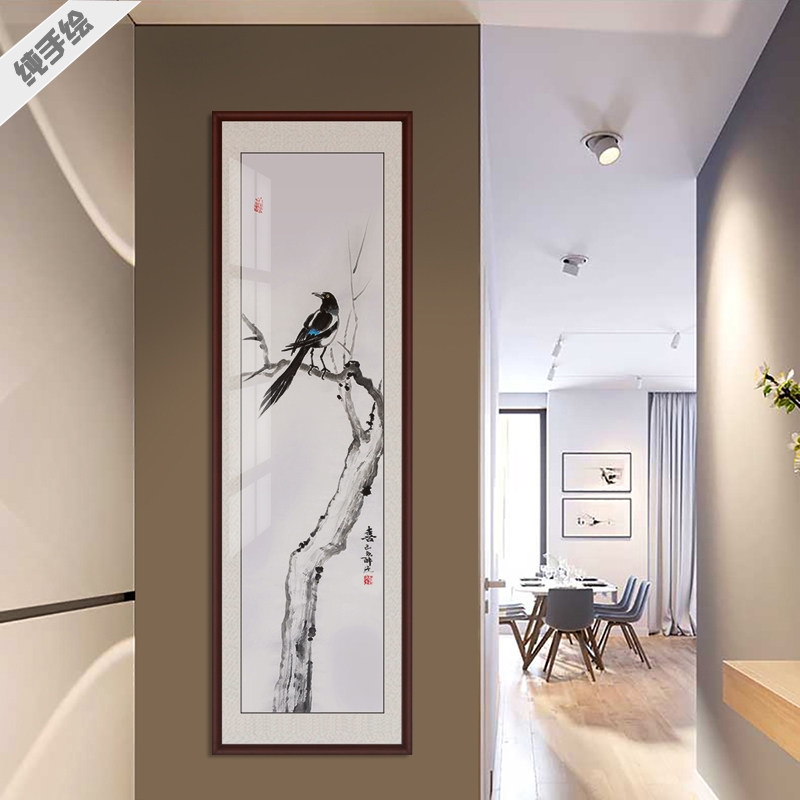 手绘新中式花鸟国画挂画客厅走廊装饰画竖版徐悲鸿喜鹊李苦禅鸬鹚