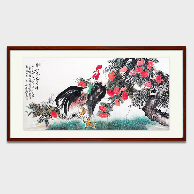 纯手绘国画生肖横幅水墨画写意真迹客厅办公室紫藤柿子公鸡雄鸡图