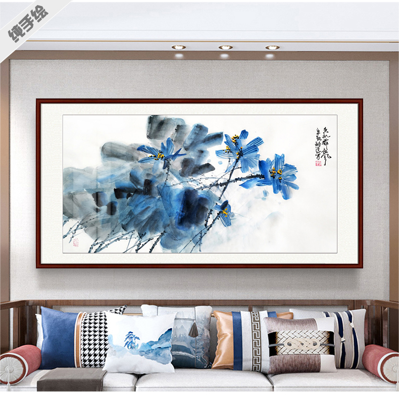 手绘横幅国画莲花鸟真迹字画书画客厅酒店张大千黑白彩墨水墨荷花