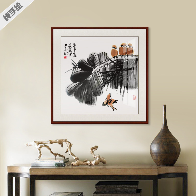 餐厅酒店写意风芭蕉小鸟手绘国画