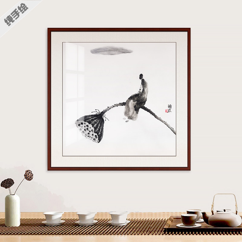 纯手绘国画水墨方形挂画书房装饰画禅意画抽象画儿童牧牛莲蓬佛像