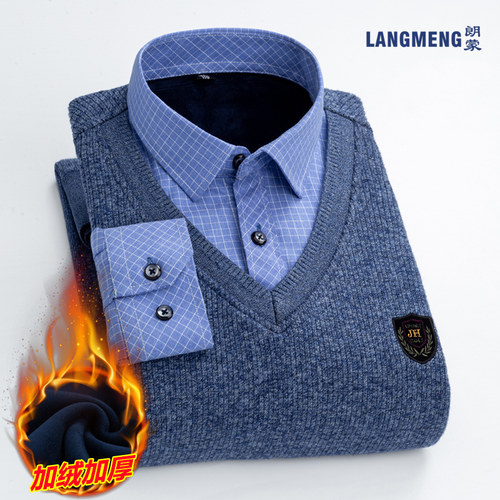 加绒加厚假两件针织打底衫