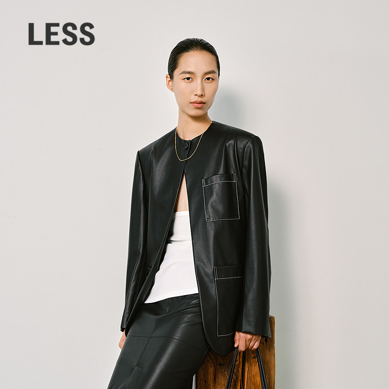 LESS春工装直筒简约时尚舒适夹克通勤黑色PU皮衣外套女2P2A
