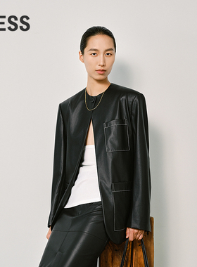 LESS春工装直筒简约时尚舒适夹克通勤黑色PU皮衣外套女2P2A10790