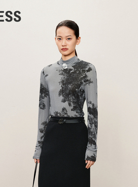 LESS春秋时尚舒适紧身皮肤衣女松树印花修身长袖T恤女2O8112560