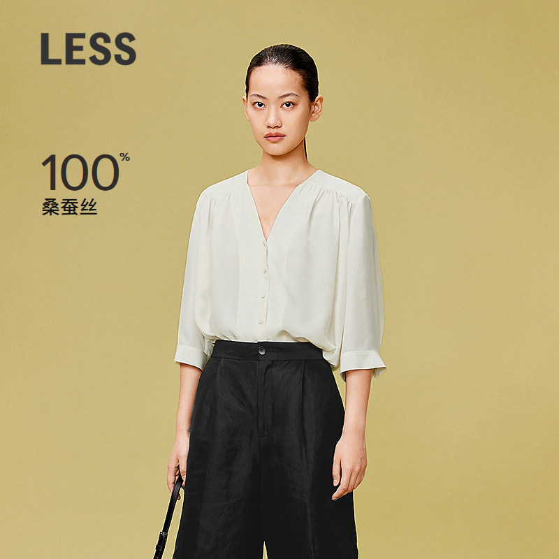 LESS通勤感桑蚕真丝褶皱宽松衬衫女休闲简约V领中袖衬衣2O52