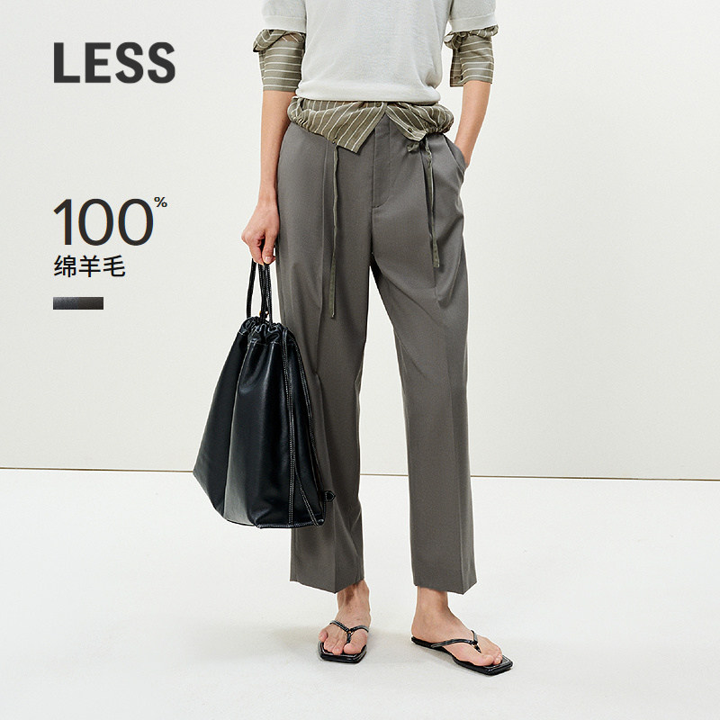 LESS夏绵羊毛无腰头时尚长裤通勤气质休闲直筒九分裤女2P4E1