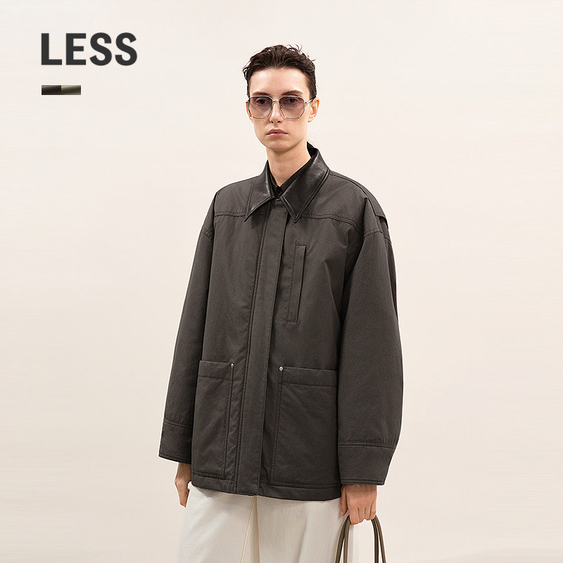 LESS巴恩风工装外套女复古翻领轻薄中长款白鸭绒羽绒服2PBC1519H
