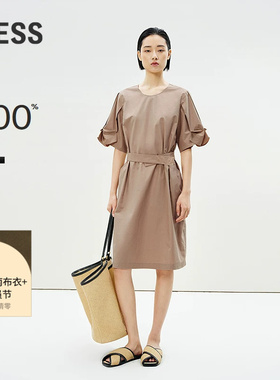 LESS夏收腰泡泡袖中长裙简约通勤时尚气质短袖连衣裙2P4G10380