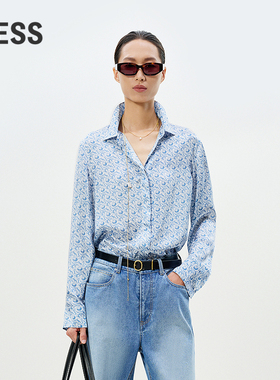LESS春气质印花衬衫女复古设计感上衣含桑蚕丝蓝色衬衣2P1212510
