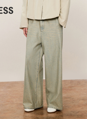 LESS全棉牛仔裤女磨白做旧复古直筒阔腿裤子2O9E13990