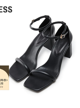 LESS夏季气质高跟鞋女通勤职场时尚优雅粗跟方头凉鞋女3P4M10180