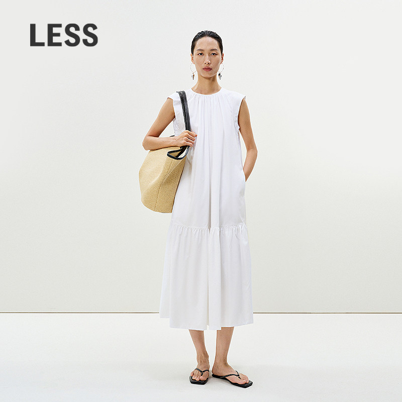 LESS夏季白色连衣裙女府绸棉百搭A字宽松背心蛋糕背心裙2P4G