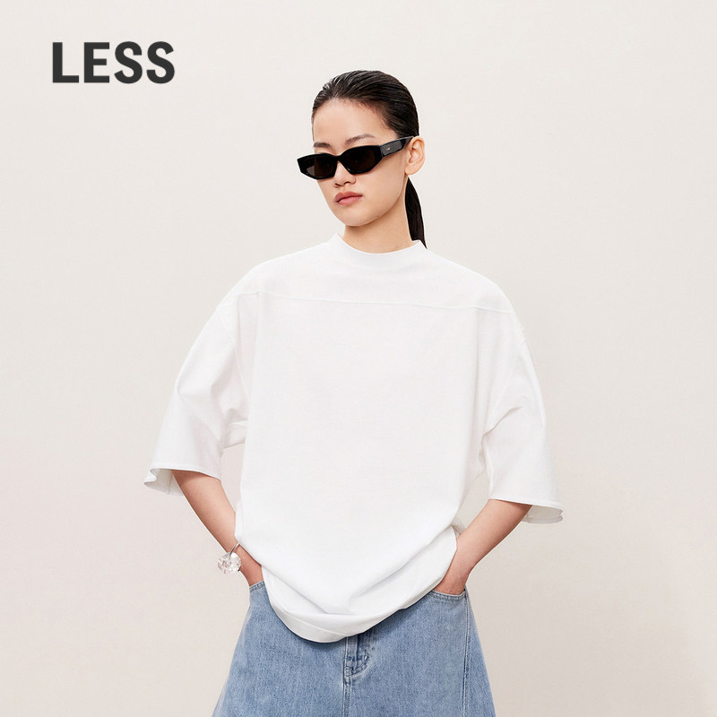 LESS半高领短袖T恤女棉质圆领宽松气质落肩高级感上衣2O711