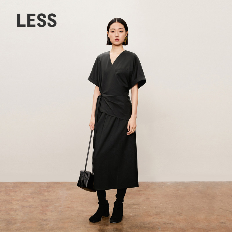 LESS春秋休闲收腰系带长裙女不规则极简优雅短袖连衣裙2O7G1