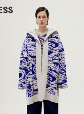 LESS云龙纹印花连帽针织开衫女艺术高级感中长毛衣外套2O1314000