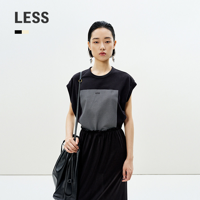 LESS夏季蝙蝠袖包袖T恤女通勤撞色休闲宽松棉质无袖上衣2P41