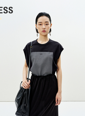 LESS夏季蝙蝠袖包袖T恤女通勤撞色休闲宽松棉质无袖上衣2P4111740