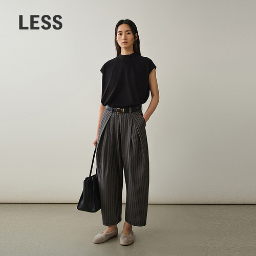 LESS系带条纹九分锥形裤