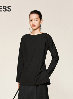LESS春秋简约侧边开叉长袖T恤女收腰套头一字领上衣女2O821473H