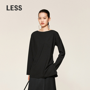 LESS春秋简约侧边开叉长袖 T恤女收腰套头一字领上衣女2O821473H