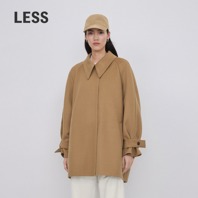 LESS春季法式中长款小翻领廓形含羊绒羊毛双面毛呢大衣2O181