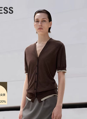 LESS夏假两件V领开衫撞色短袖薄含棉简约舒适针织衫女2P4310390