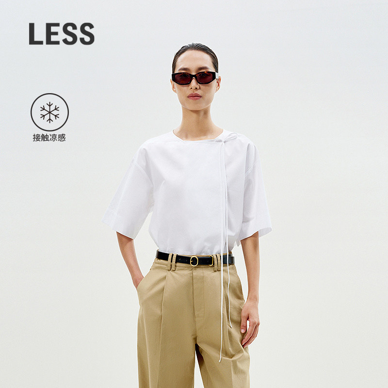 【接触凉感】LESS纯色短袖上衣女新中式系带白色衬衫女2P421