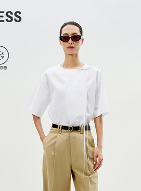 LESS夏季纯色短袖上衣女接触凉感新中式系带白色衬衫女2P4214030