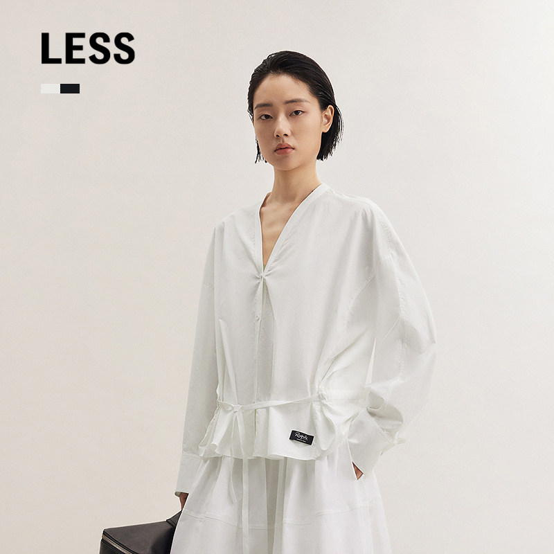LESS进口休闲V领全棉衬衫女图片