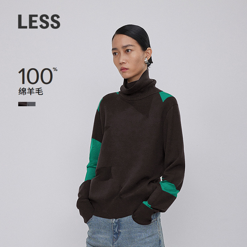 LESS冬季绵羊毛针织衫女几何撞色高领套头长袖毛衫2NA313140