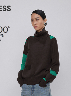 LESS冬季绵羊毛针织衫女几何撞色高领套头长袖毛衫2NA313140
