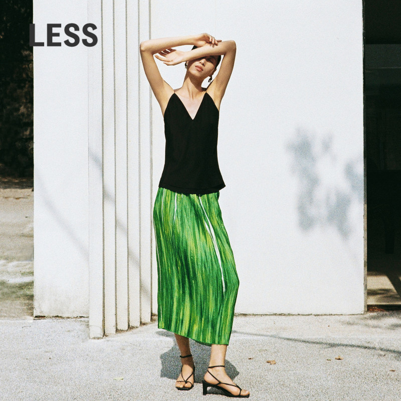 【精工系列】LESS夏季压褶高腰裙女气质水墨垂感半身裙2O4D1