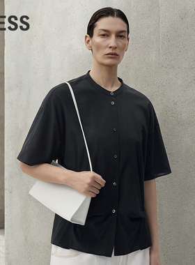 LESS新中式短袖衬衫女夏季圆领桑蚕丝改良设计感上衣女2P4210290