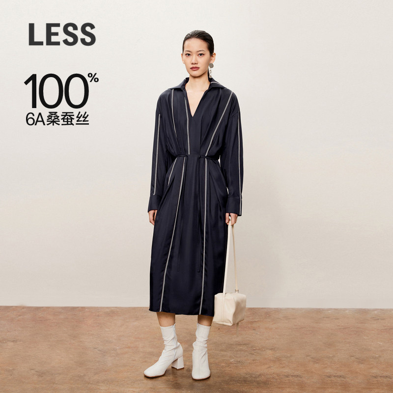LESSV领针绣条纹桑蚕丝连衣裙图片