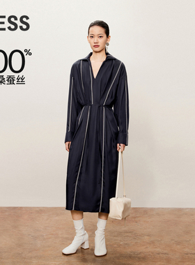 【精工系列】LESS桑蚕丝连衣裙V领针绣斜纹长袖条纹黑裙2O7G13340