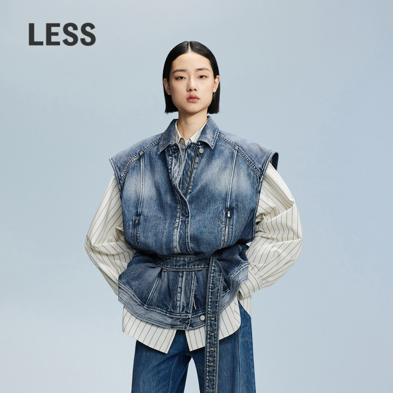 LESS春秋无袖翻领丹宁风外套女休闲宽松挺阔牛仔马甲2O8513