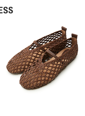 LESS夏季复古镂空平底凉鞋女编织浅口一字带玛丽珍单鞋3P4M10220